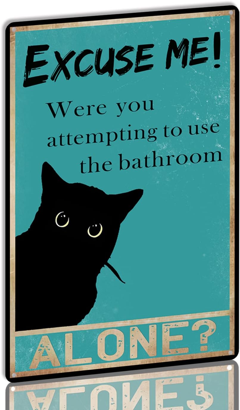 Home Alone Bathroom - Zabawna blaszana tabliczka z czarnym kotem