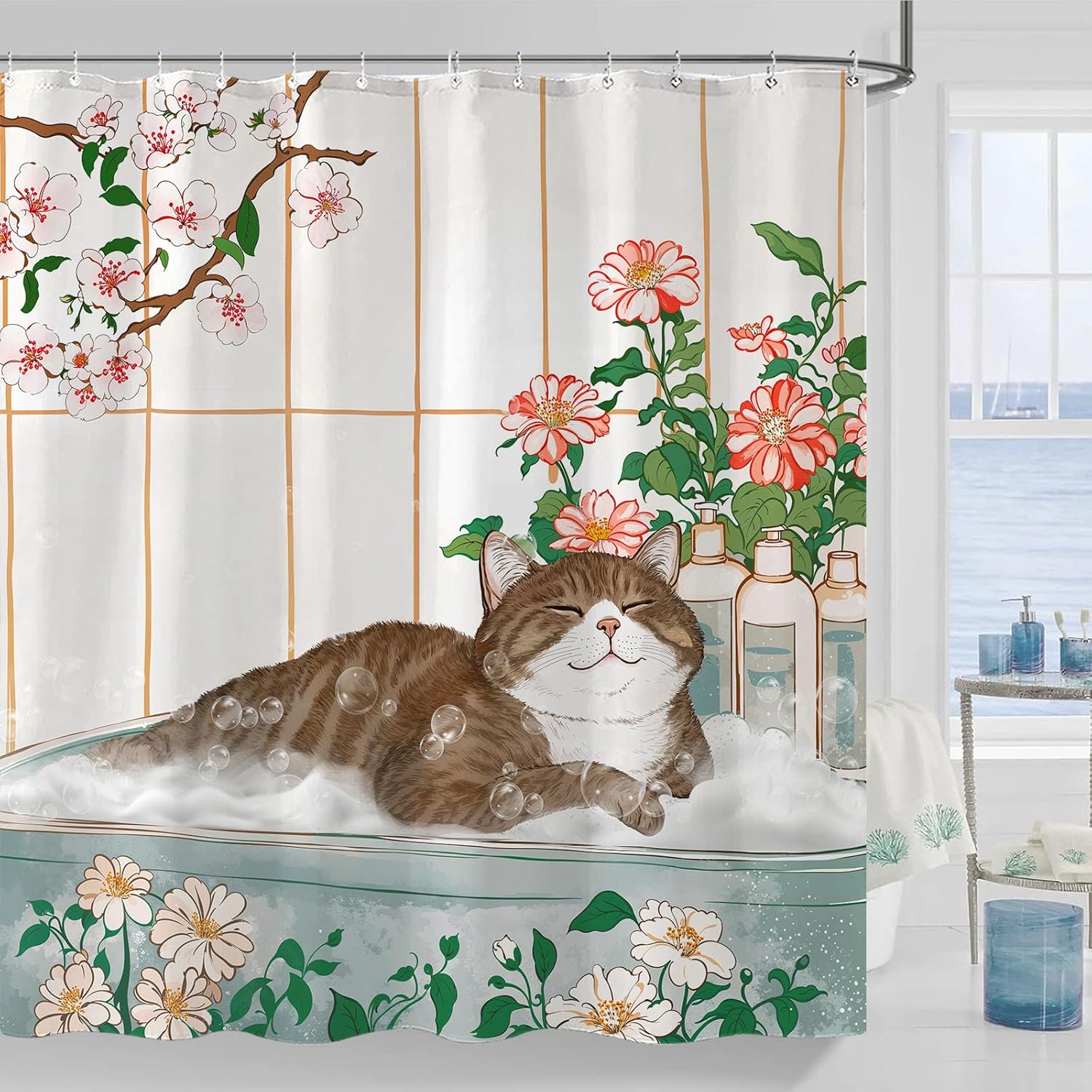 Home Bathroom Spa Ideas - Estetyczna zasłona prysznicowa z motywem kota